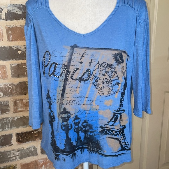Susan Lawrence Paris Scenes Graphic Top Drop 3/4 Sleeve Blue Size Medium - Picture 1 of 8